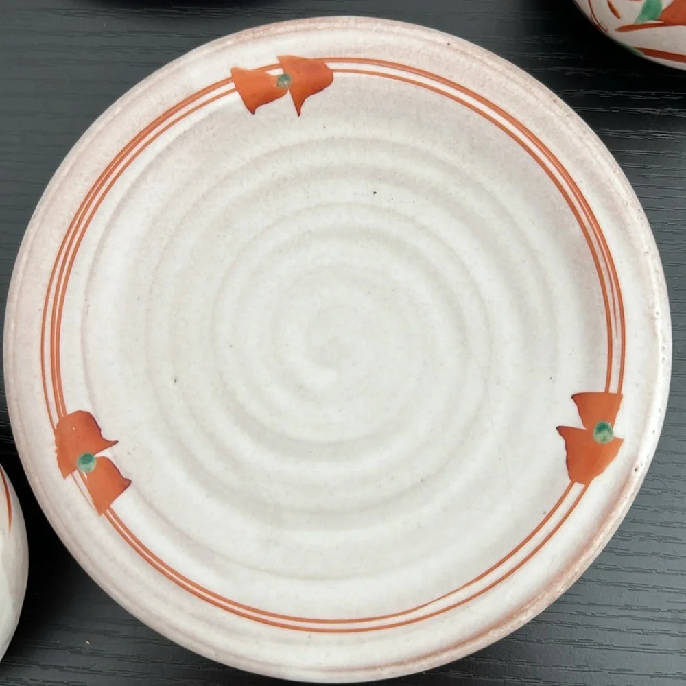 Rare Tachikichi Japanese Pottery Cup & Saucer Set of 5 Vintage In Box